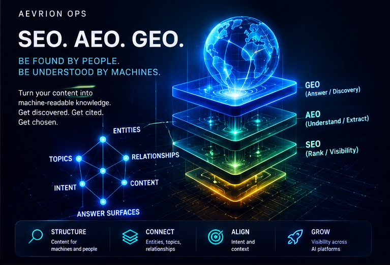 Content structured into entities and machine-readable discovery layers for SEO, AEO, and GEO.
