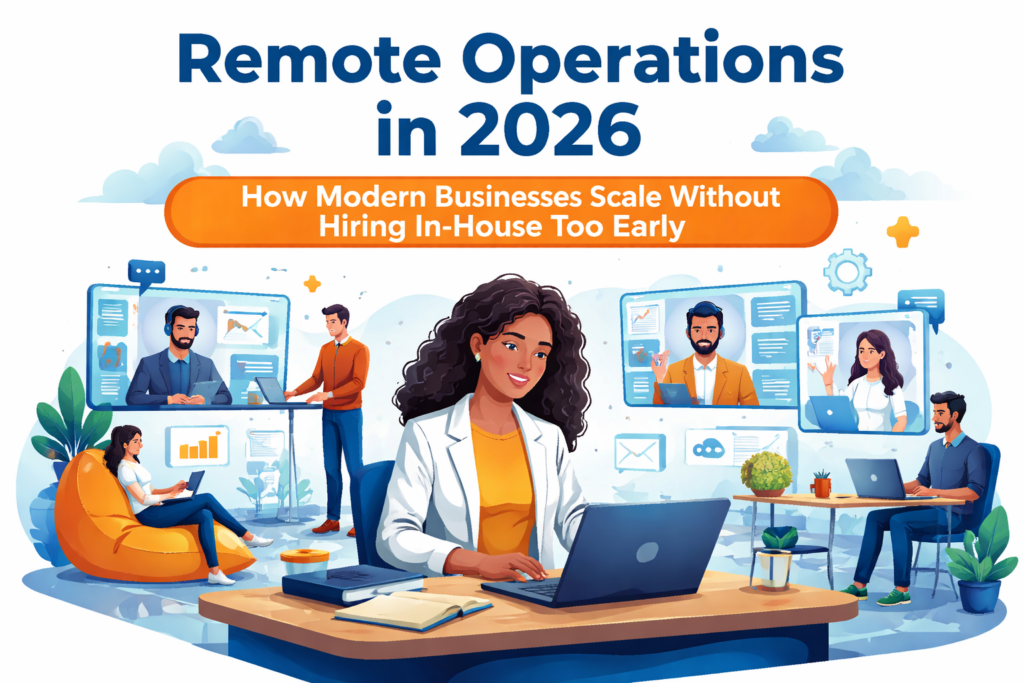 Remote operations in 2026 illustration showing a modern business using remote collaboration, digital workflows, and distributed operational support