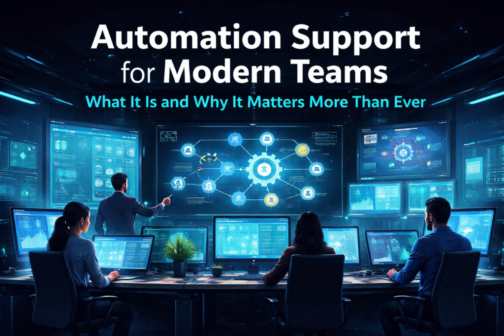 Automation support for modern teams illustration showing connected systems, automated workflows, and a team monitoring operational processes