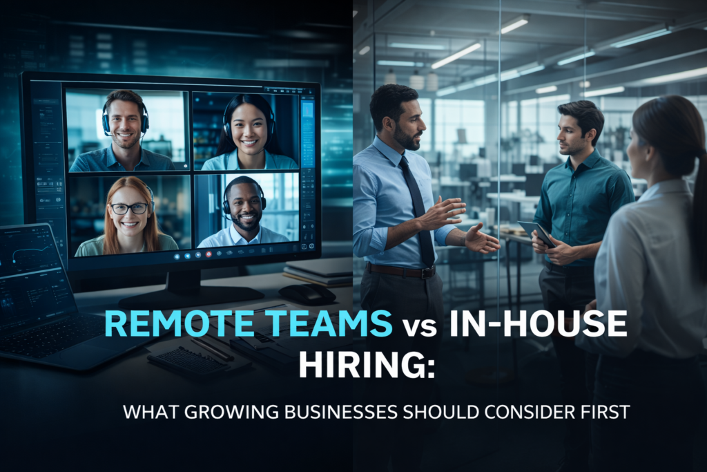 Remote teams versus in-house hiring comparison showing virtual team collaboration on one side and in-office team discussion on the other