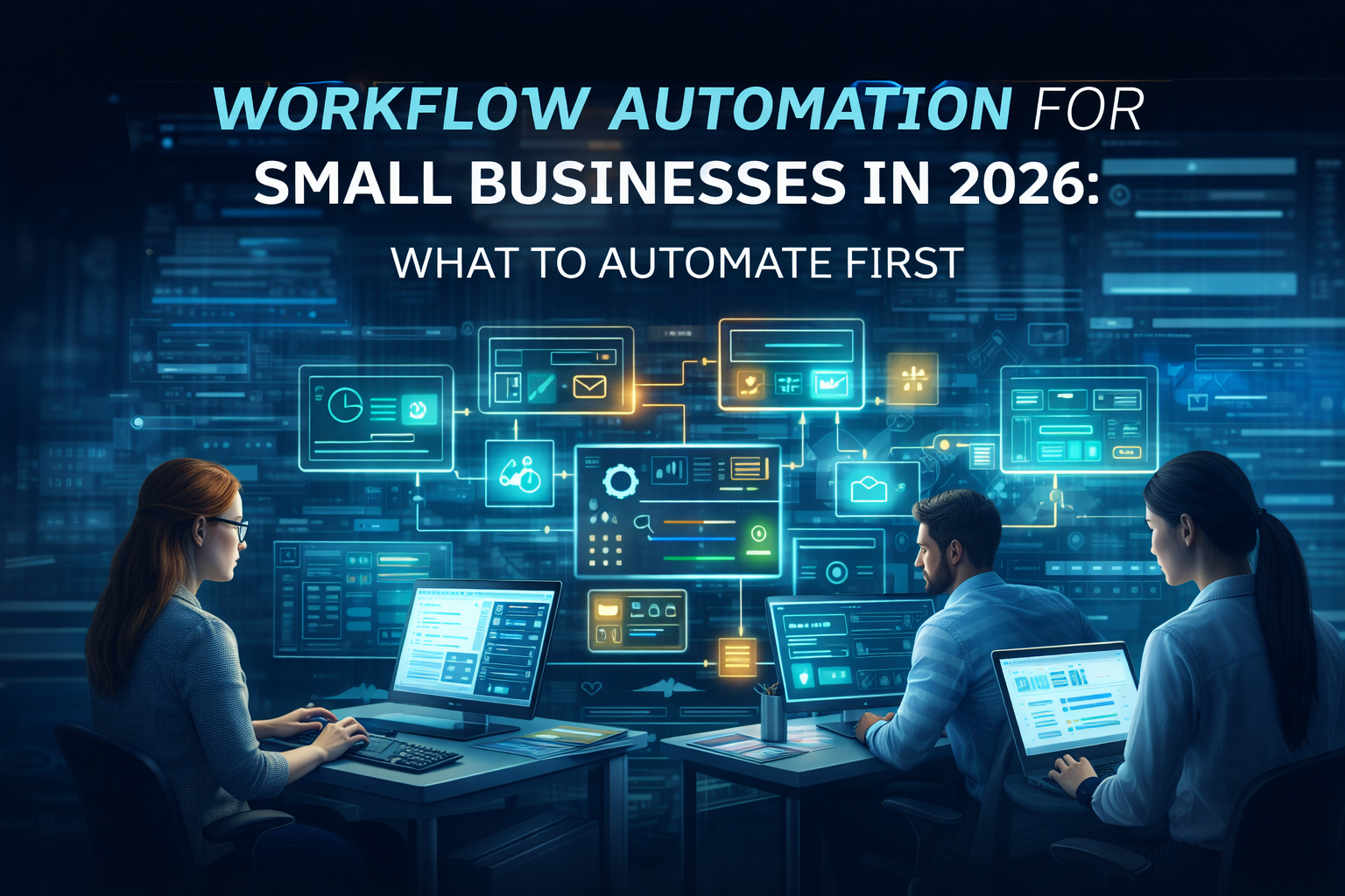 Workflow Automation for Small Businesses in 2026: What to Automate First Workflow automation for small businesses in 2026 illustration showing a modern team using connected digital systems, automation dashboards, and streamlined business workflows