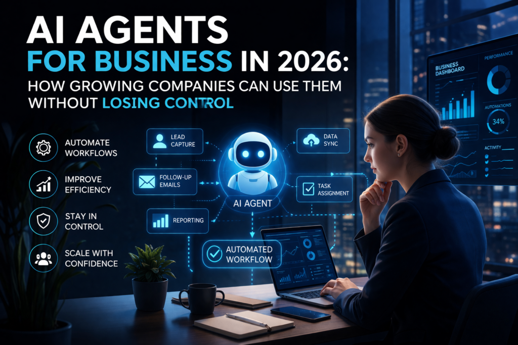 AI agents for business in 2026 illustration showing a professional working at a laptop with connected AI workflow dashboards, automation tools, reporting panels, and control-focused business systems